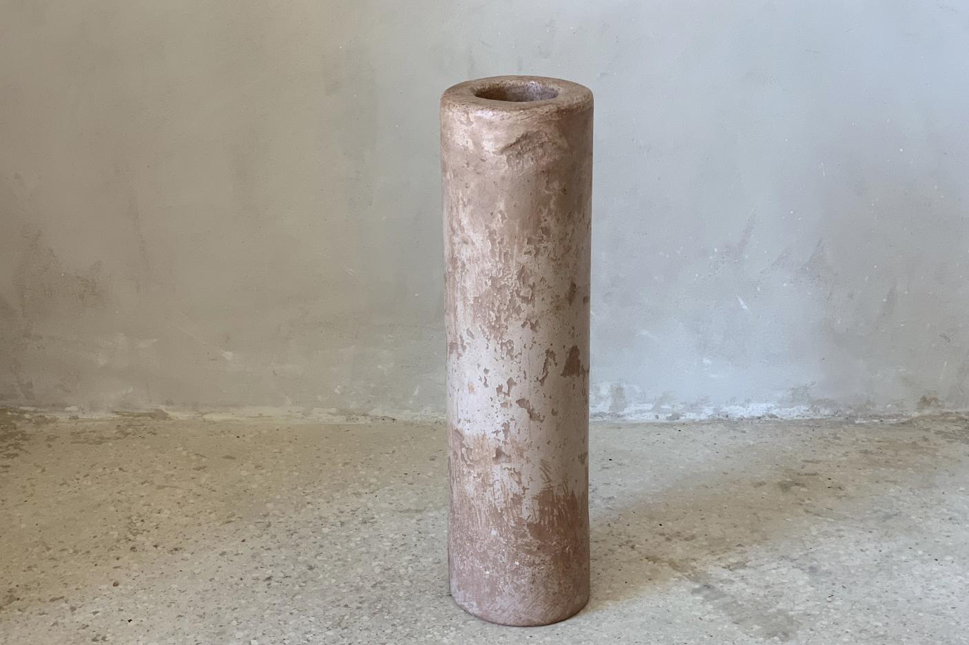 cylindrical sculptural vase in red cocciopesto 